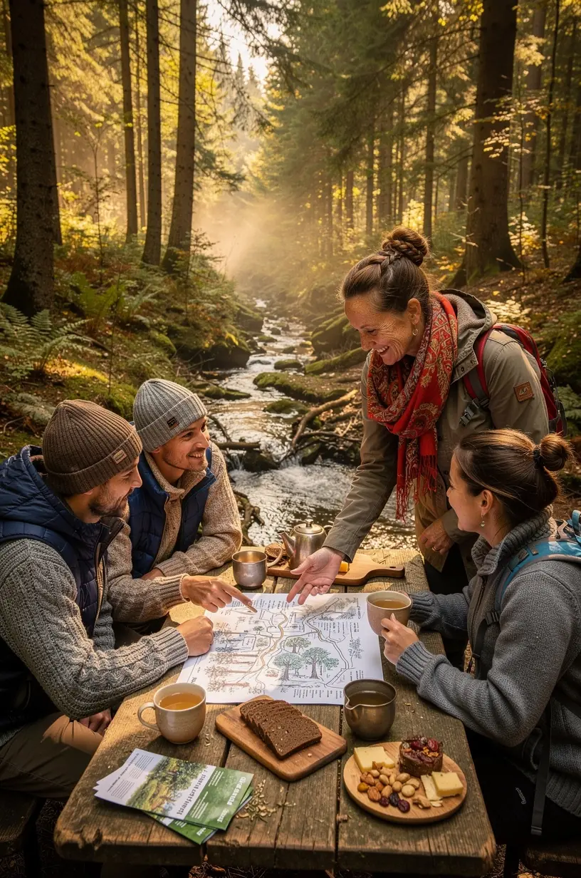 Planungsgespräch zwischen Teilnehmern und einem erfahrenen Waldretreat-Organisator im Freien